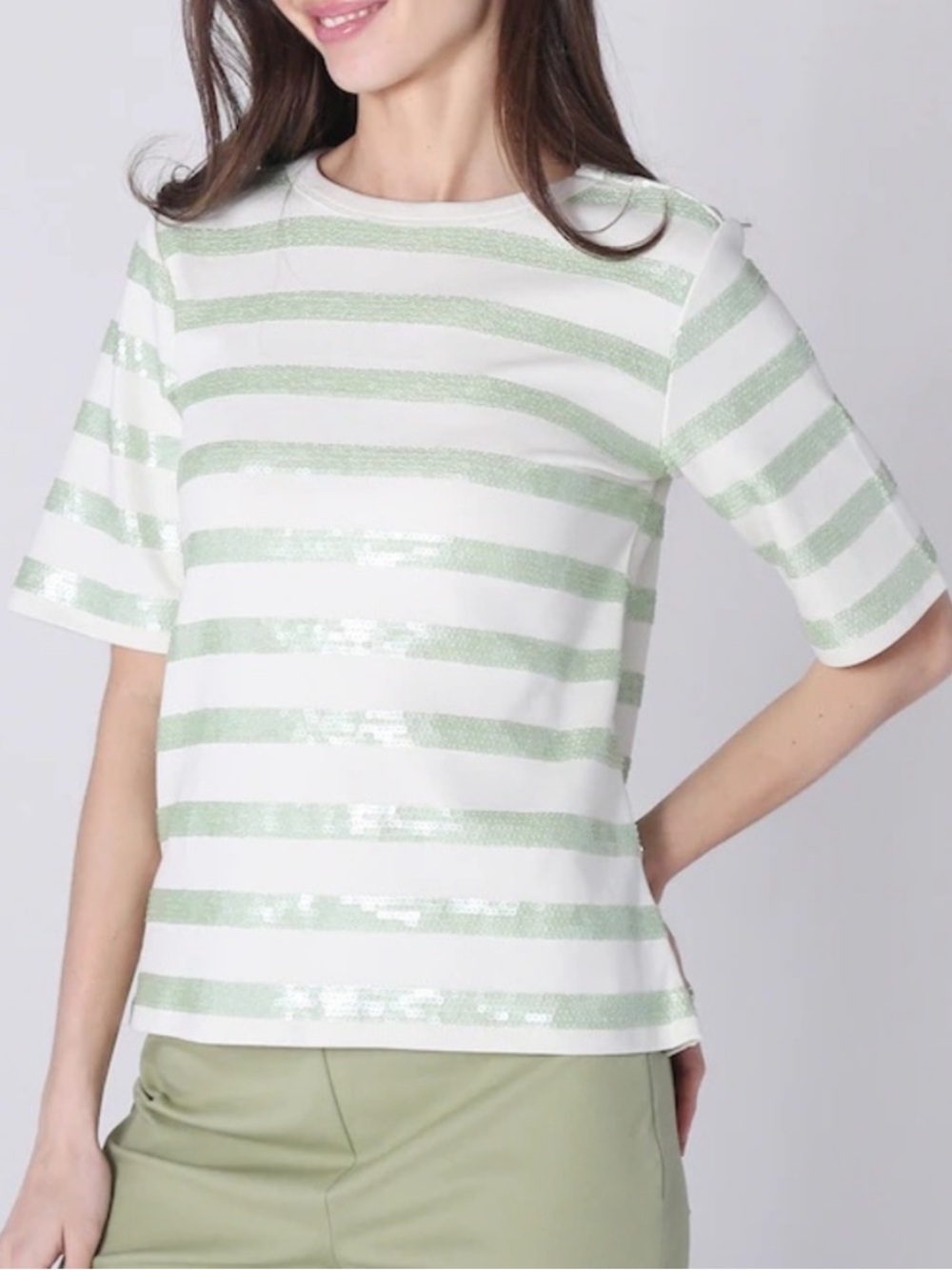 Isaac Mizrahi White and Mint Sequin Striped Short-Sleeve Top